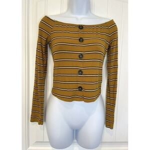 Active USA Womens Junior Large Off Shoulder Yellow Black Long Sleeve Cropped Y2K